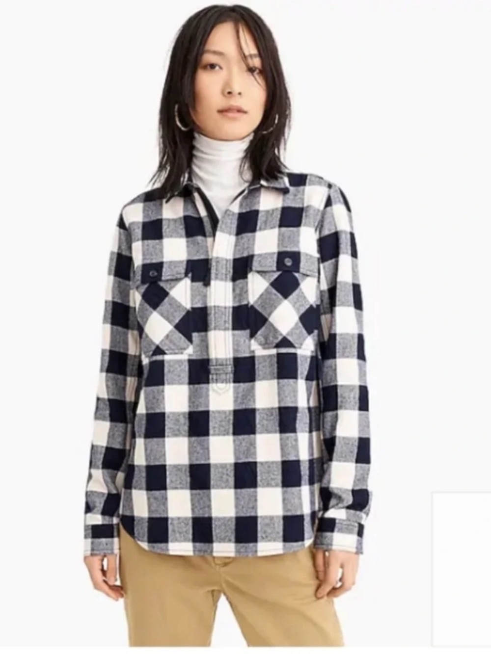 J.CREW Women's Navy and Cream Buffalo Check Plaid Half-Zip Shirt Shirt Jacket - Picture 3 of 13